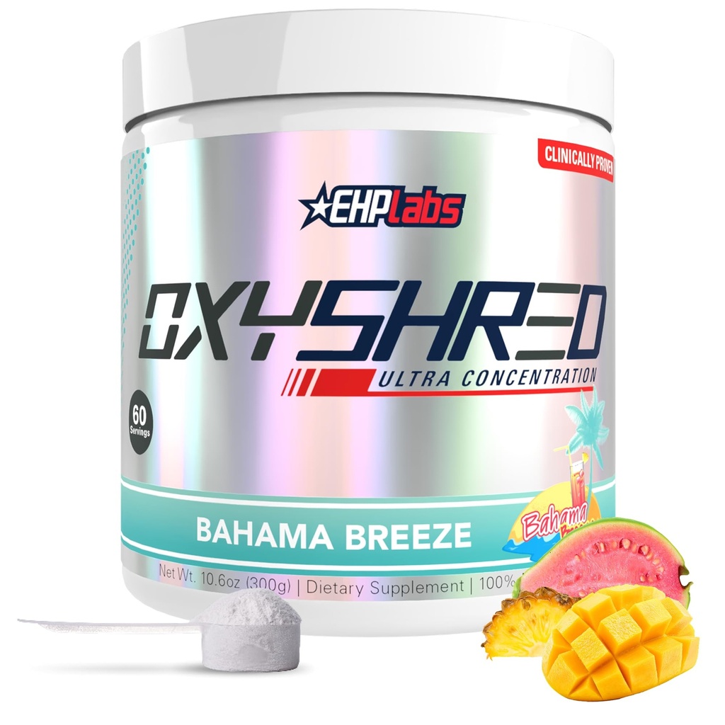 EHP实验室 OxyShred Pre Workout Powder - 配有L Glutamine & Acetyl L Carnitine的预工作粉, Energy Boost饮料 - Bahama微风/Beach, 60种服务