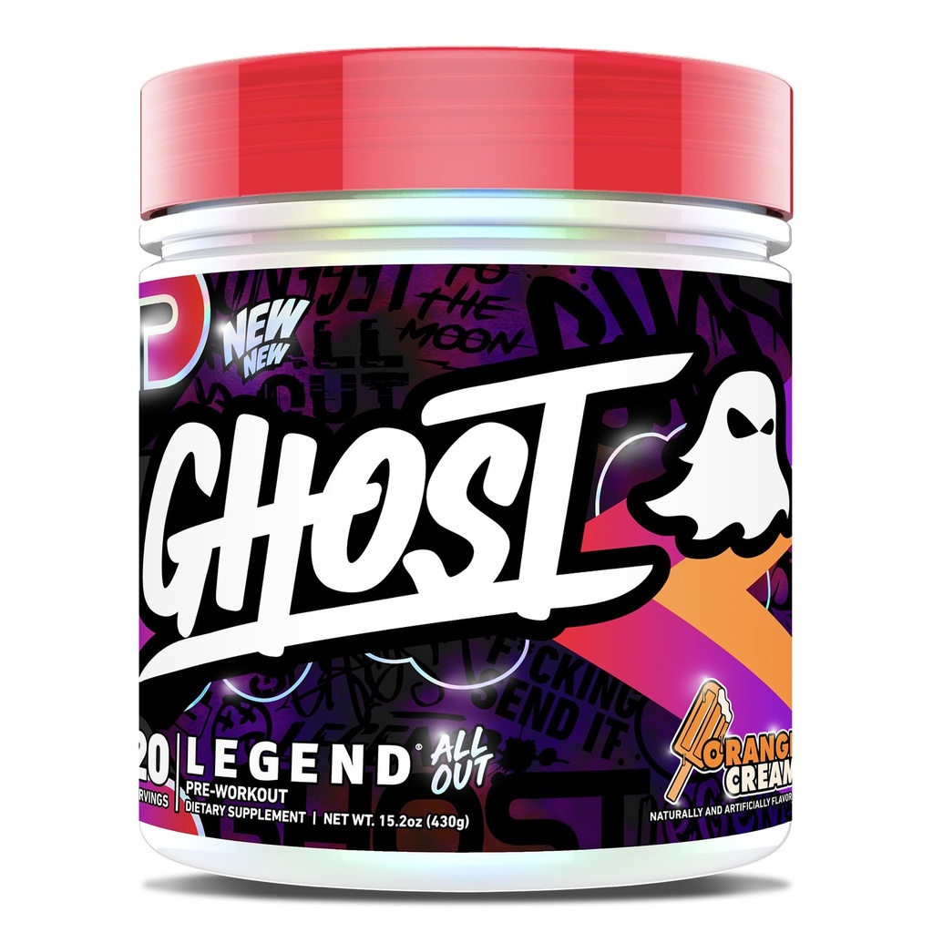 GHOST Legend All Out Pre-Working Powder, 橙色奶油 - 20 services - 工作前的男女辅助 - 能量和泵 - 咖啡因, Citrulline, Beta Alanine, Betaine, NO3-T 无糖