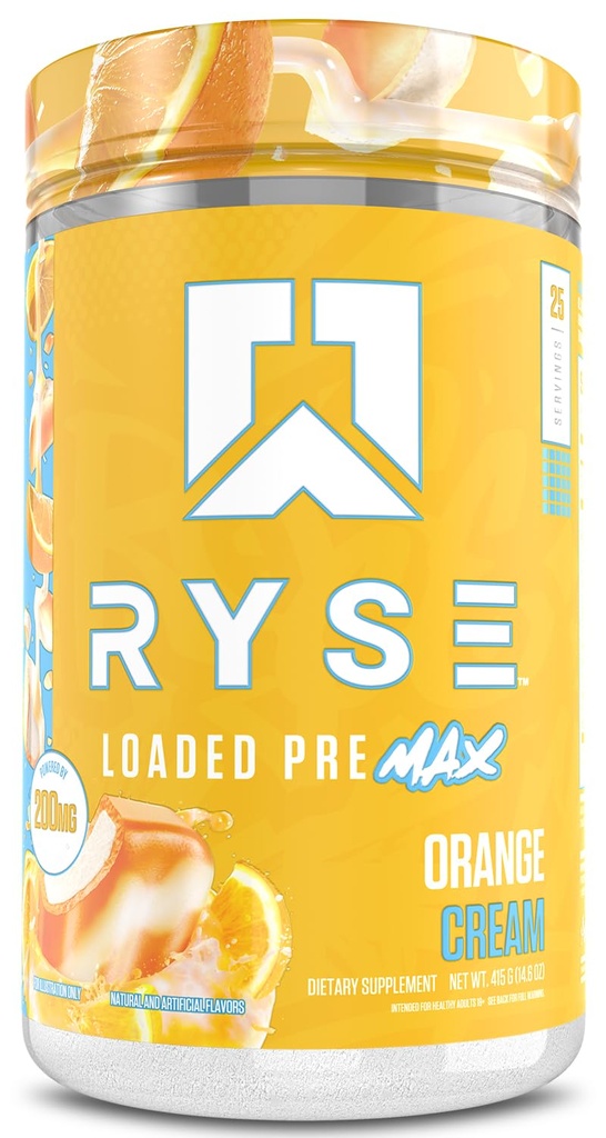 Ryse loaded Pre Max Pre Workout Powder - 橙色奶油 - 300mg 男女可持续能源双相咖啡因 - L-Citrulline, PeptiPump & Alpha-GPC for Power, Pumps & Focus - 25 services