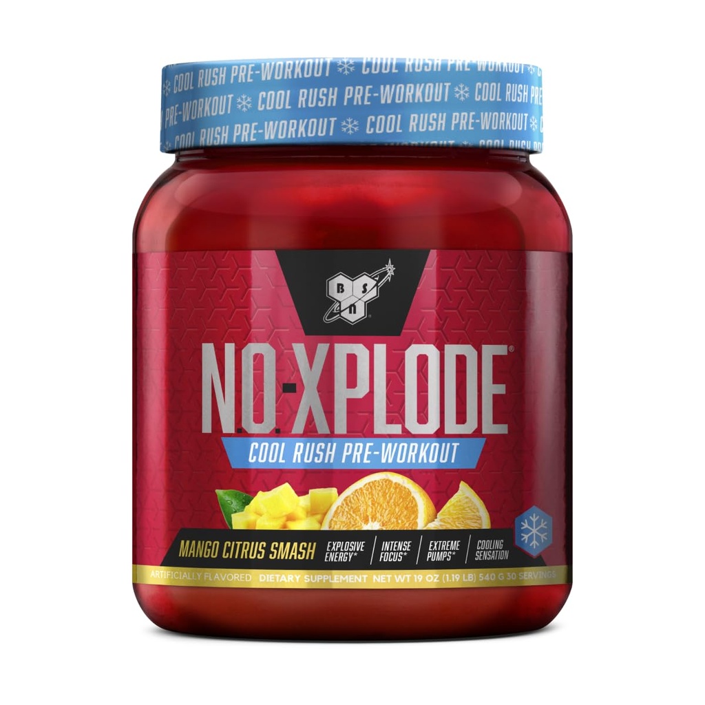 BSN N.O.-XPLODE Cool Rush Pre Workingout Powder, 配有Creatine和Beta-Alanine的男女工作前能源补充,Mango Citrus Smash, 30 services, 1.2 英镑(包装 May Vary)