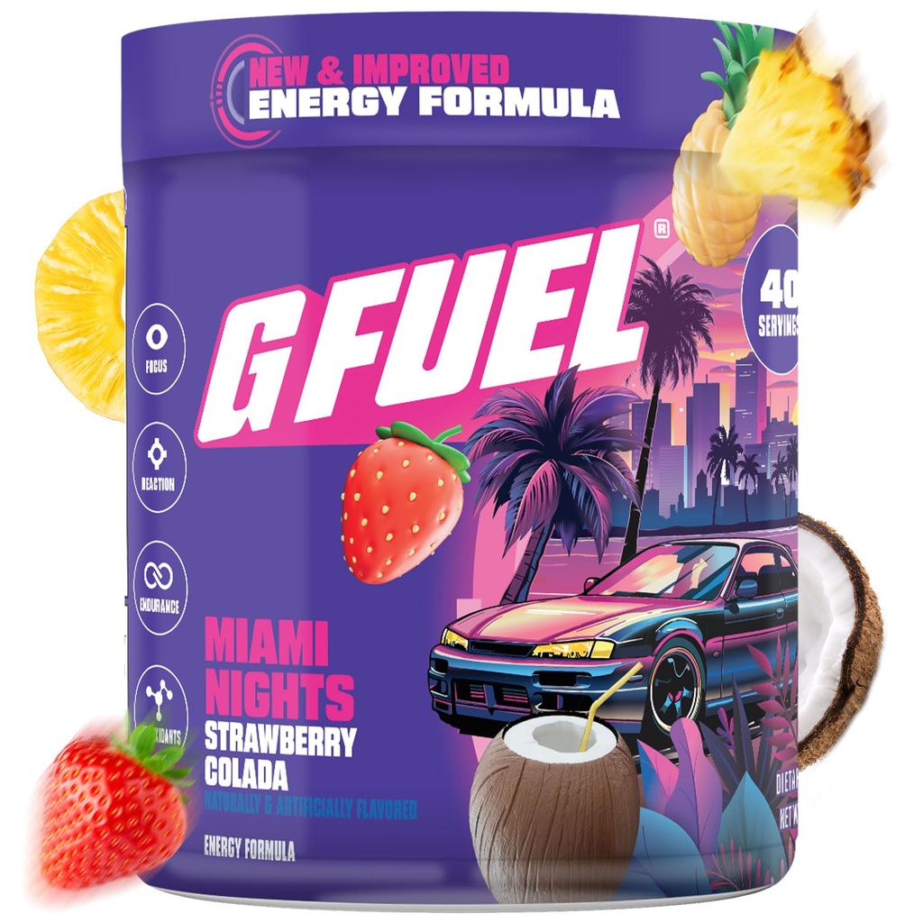 G Fuel Miami Nights 2.0 Energy Drinking Powder,预研咖啡因混合剂用于赌博,无糖聚焦氨基,维生素+抗氧化剂,8.7oz(Strawberry Pina Colada,40 services) 互联网档案馆的存檔,存档日期2014-03-02.
