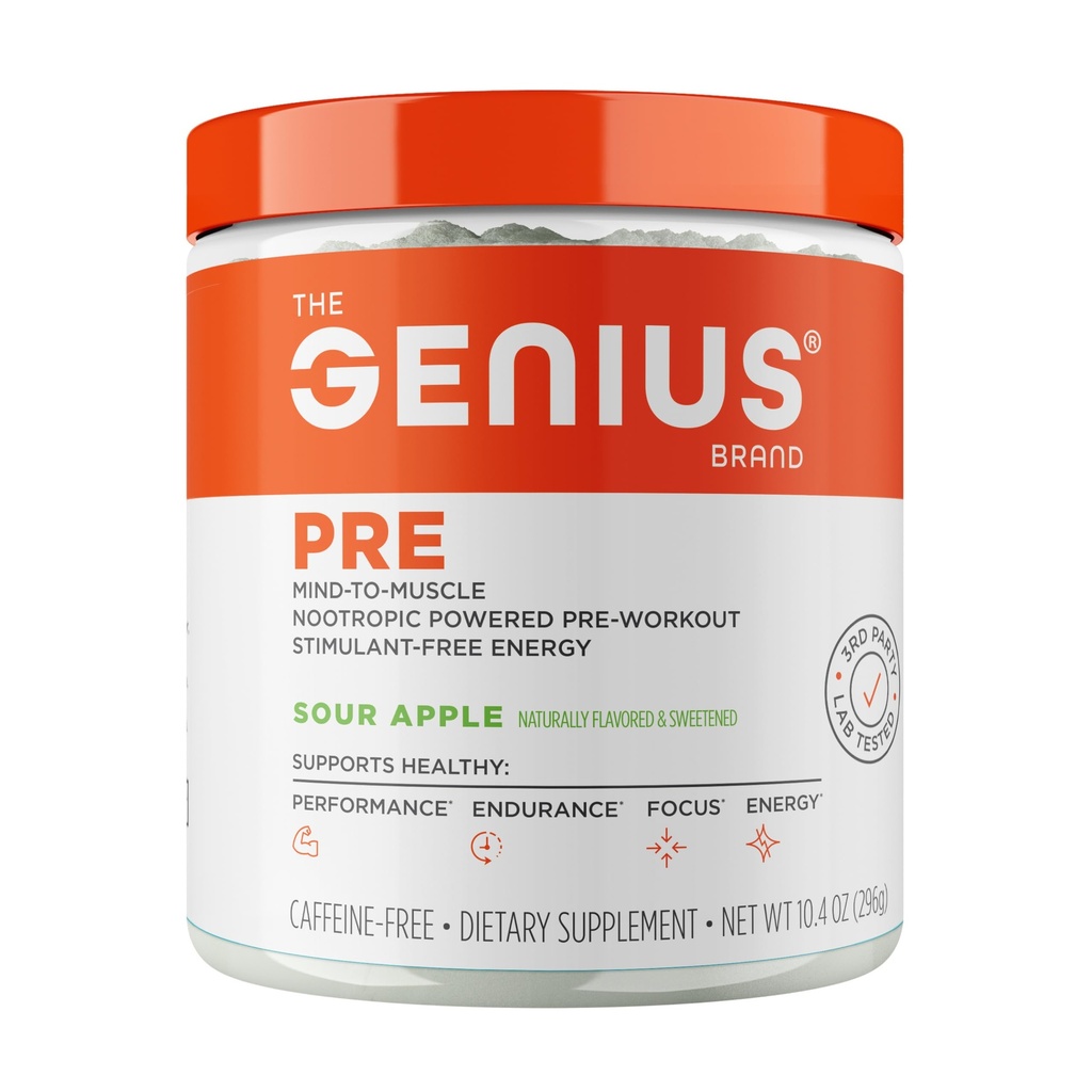 Genius Pre Workout Powder, Sour Apple - 全天然 Nootropic Pre-Workout & Cafeine- Free Nicric Oxide Boster 配有 Beta Alanine & Alpha GPC 的辅助工具 - 没有人工火焰,甜酒,或 Dyes