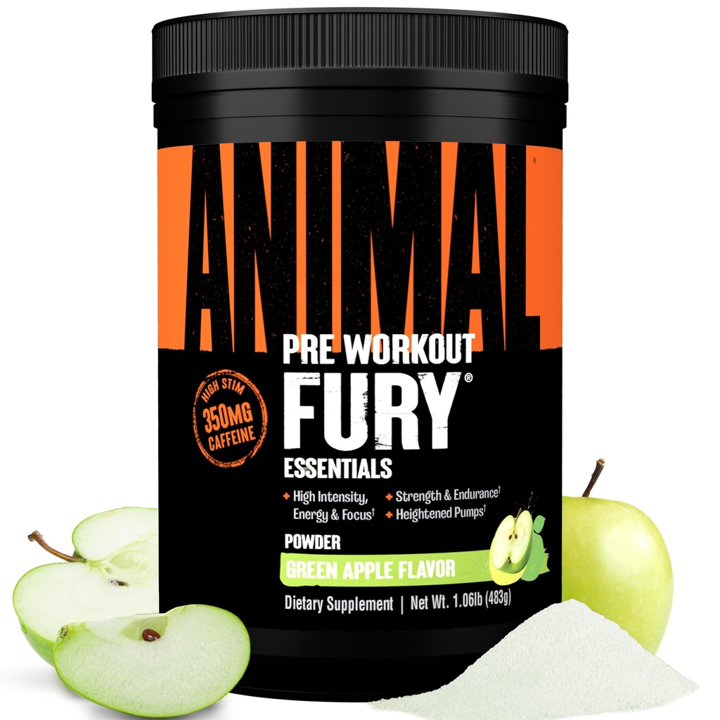 动物Fury Pre Workout Powder - 绿苹果,350mg咖啡因,BCAA氨基酸,2g Beta Alanine,Citrulline & Tyrosine,能源,焦点,力量,耐力,男女预勤,30种服务