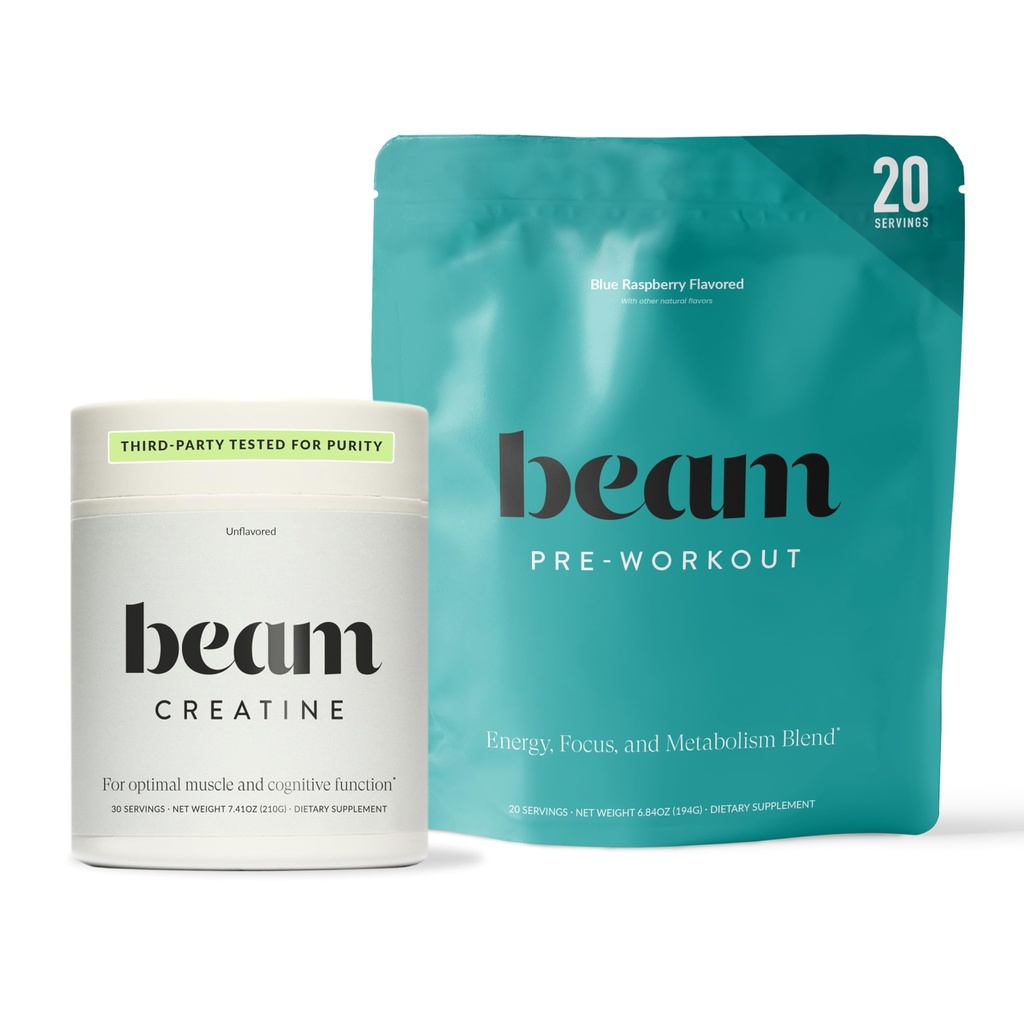 Beam Creatine Monohydrate + Pre Workout Bundle – 强度,耐力和肌肉恢复堆积 – 清洁能源和水力支持,第三方测试峰值训练性能