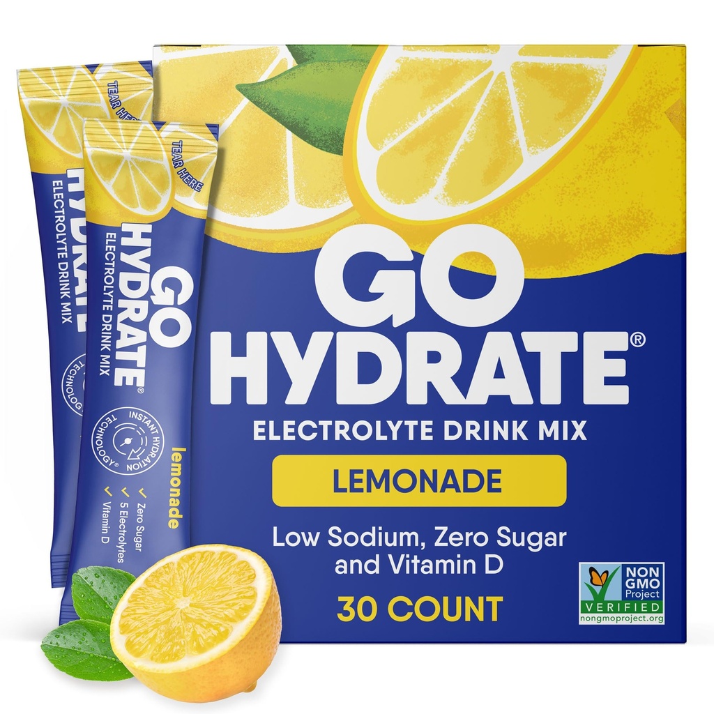 GoHydrate 低钠 电解质 Powder Packets 无糖 - 即时水分日饮 - 零糖水 Flavor Packet Singles with Vitamin D - (Lemonade, 30 Packs)