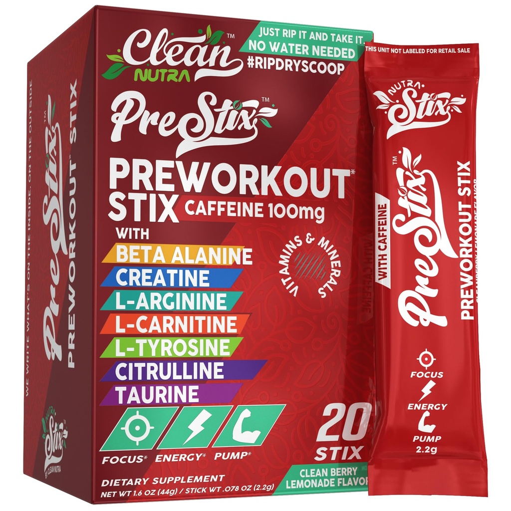 清洁营养素 工作前粉末能量棒 - 咖啡因100mg, 能量饮料混合剂, Creatine Monohydrate, Beta Alanine, L-Citrulline, L-Tyrosine, L-Carnitine, Electrolyte Hydrition Packets 20 Ct