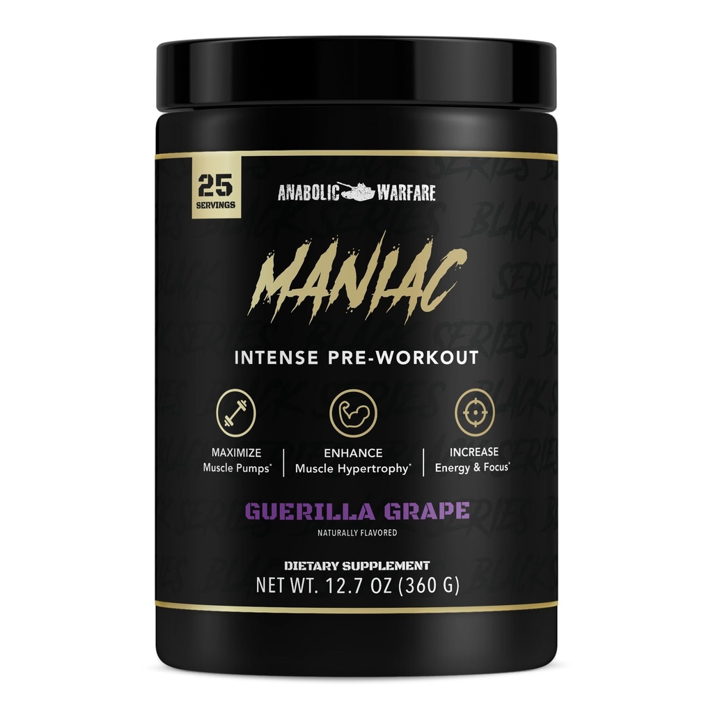 Anabolic Warfare Black Series Maniac,预战粉末,支持硝基氧化物,肌肉泵和蛋白质合成* 游击队葡萄