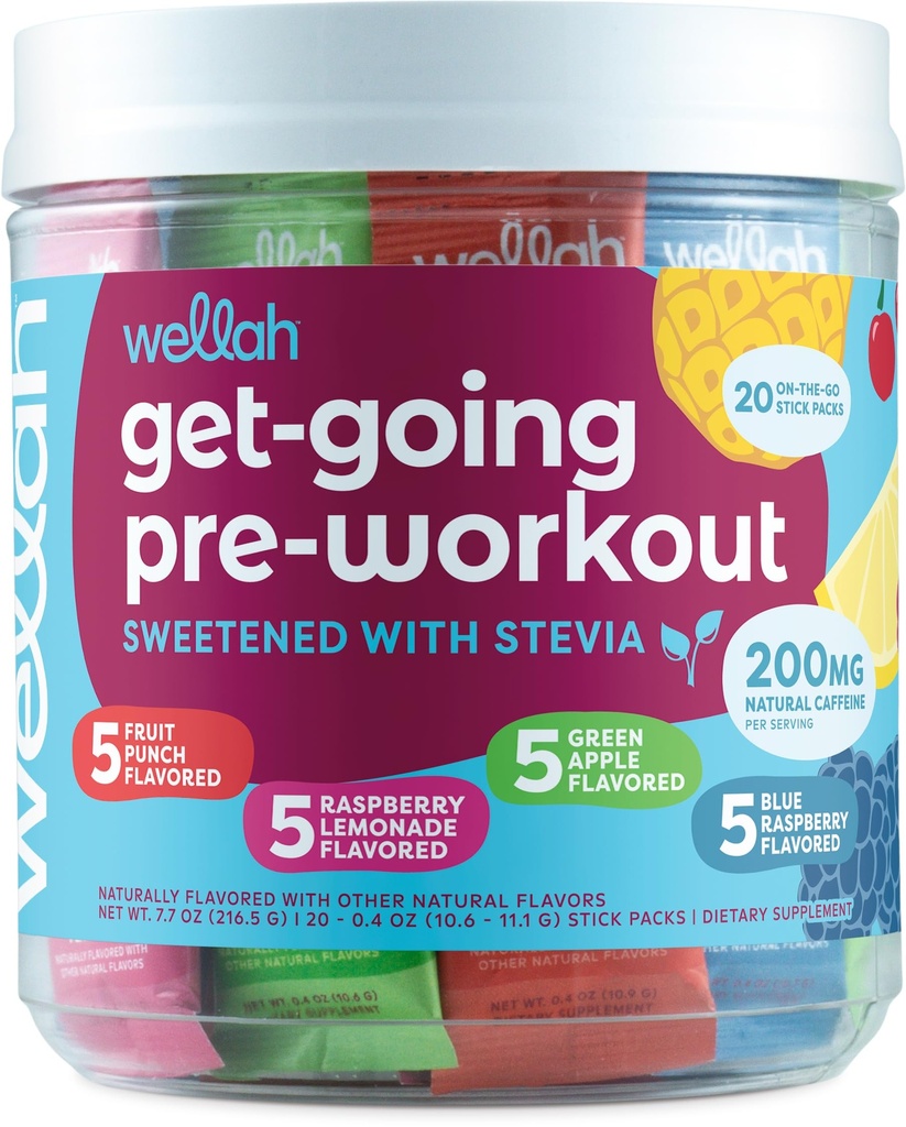 Wellah Get-Going 预选工作包(20个棒包) - 200mg 天然咖啡因,Stevia-Sweeted,配有Citrulline Malate和Beta-Alanine的L-Theanine, & 1000mg