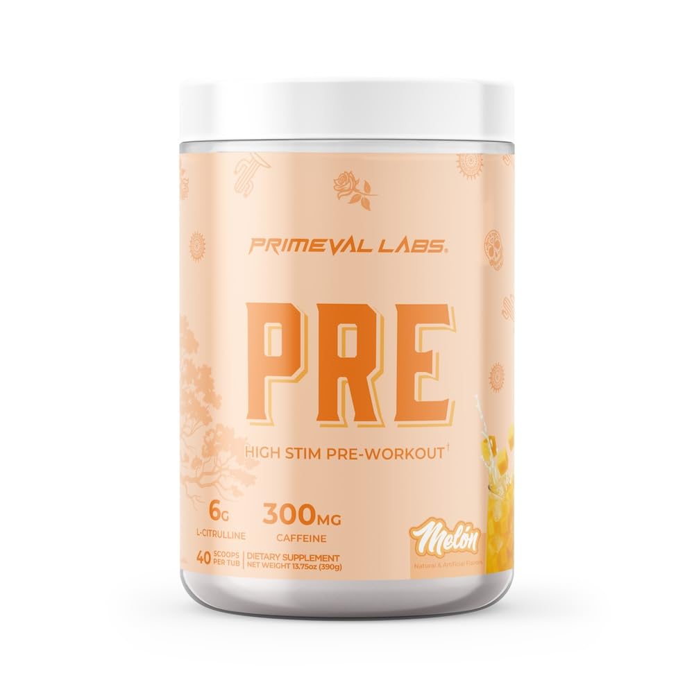 Primeval Labs PRE 高强度前期工作QQ 能量,焦点和性能公式300mg Cafeine ~ 40 services → Melon + 真实的拉丁激发火焰为你的旅程加油.
