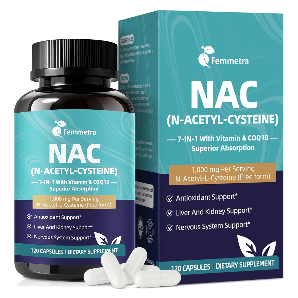 NAC 补充 N- Acetyl Cysteine → NAC 1000mg Per Service Capsules for Liver & Kidney Detox, Immune 支持和抗氧化剂 - Freeform N- Acetyl-L-Cysteine, Vegan, N-GMO, 120 Capsules