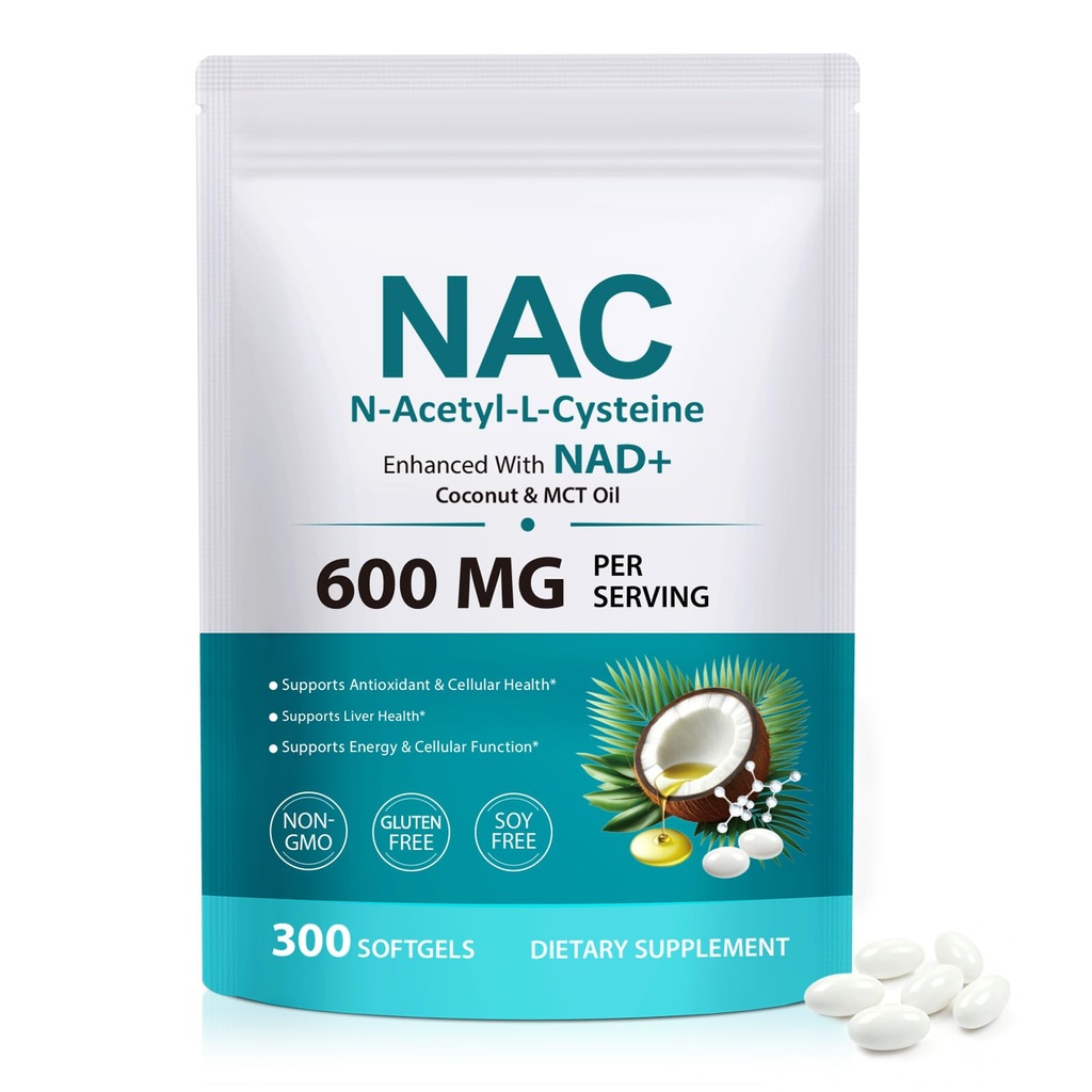 FANSHI NAC 综合体与NAD+ & MCT Oil - 300 Softgels → N-乙酰Cysteine 抗氧化剂支持的植物混合物 → 富含椰油用于高吸收 → → 非GMO 和 实验室测试