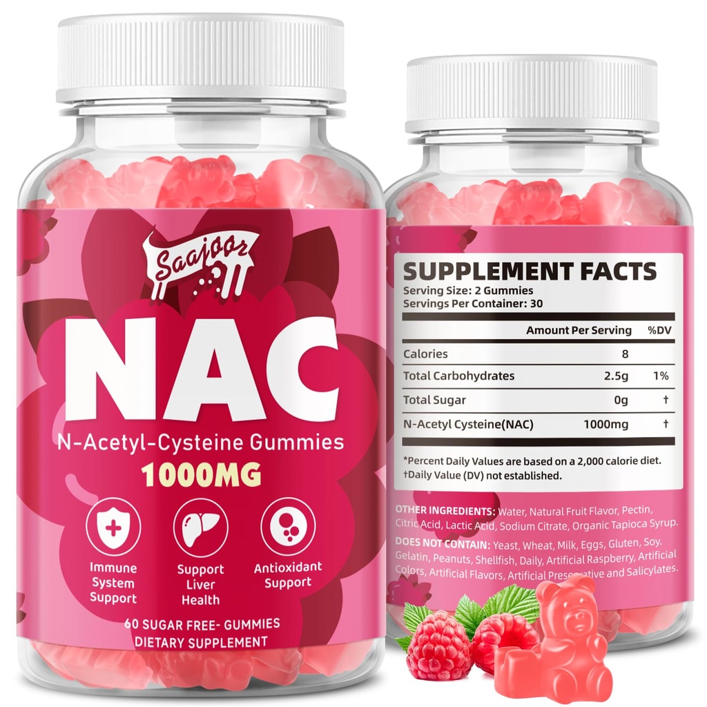 NAC Gummys无糖,N-Acetyl Cysteine NAC 对抗氧化剂,免疫支持,非GMO,Gluten无糖,Vegan – Raspberry Flavor, 60 Gummys 补充1000mg 抗氧化剂.
