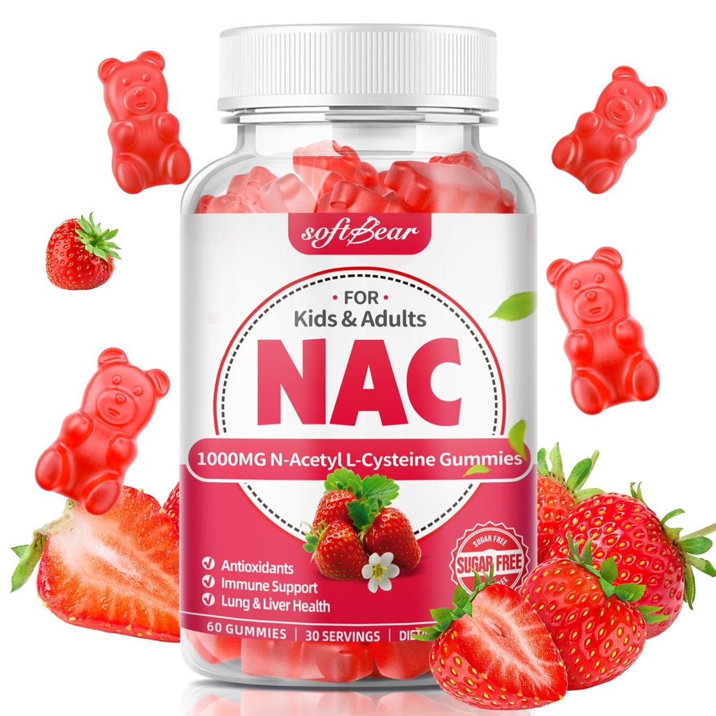 软熊 NAC Gummys for Kids & Adults, NAC Supplement 1000mg N Acetyl Cysteine 支持肺部和肝脏健康,抗氧化剂和免疫系统,草莓 Flavor 60 Count