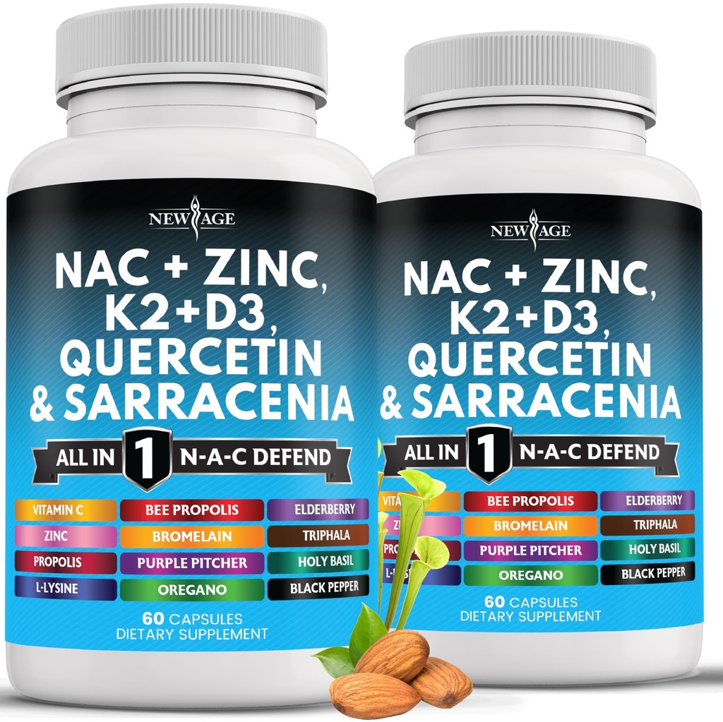 新AGE NAC 补充 N- Acetyl Cysteine 与维生素D3, K2, Zinc, Quercetin, Triphala, Sarracenia Purpurea, 长老莓, 圣巴西尔, 比普罗波利斯,布罗梅兰, L-Lysine - 120 计数
