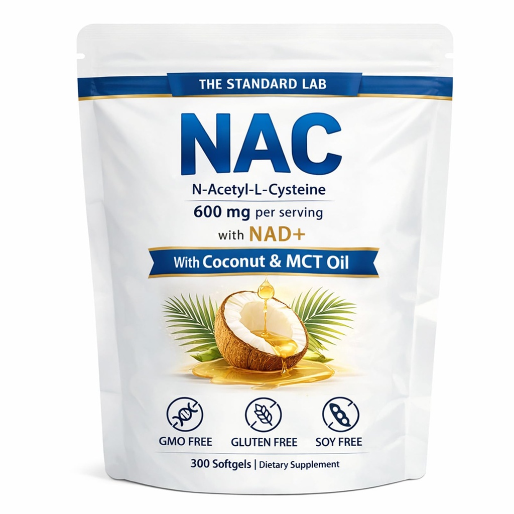 标准实验室 NAC 600mg 与NAD+ Daily Complex, N- Acetyl Cysteine 补编 Capsules, 抗氧化剂支持公式, Vegan, 非 GMO, Gluten Free, 300 软胶