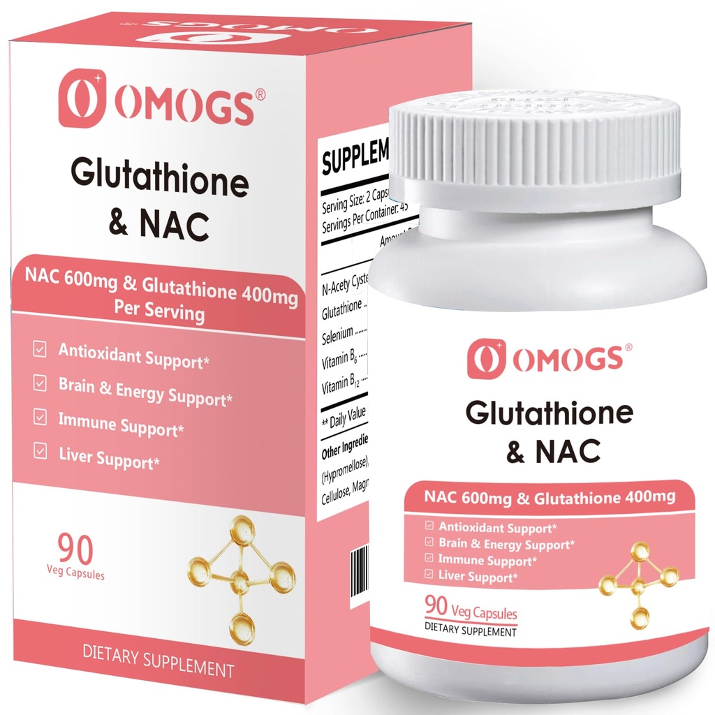 OMOGS Glutathione & NAC 补编,配有vtamin B & Selenium,支持肝脏健康,细胞,抗氧化剂,能源生产与免疫,Vegan & Gluten-Free,90 Veg Capsules.