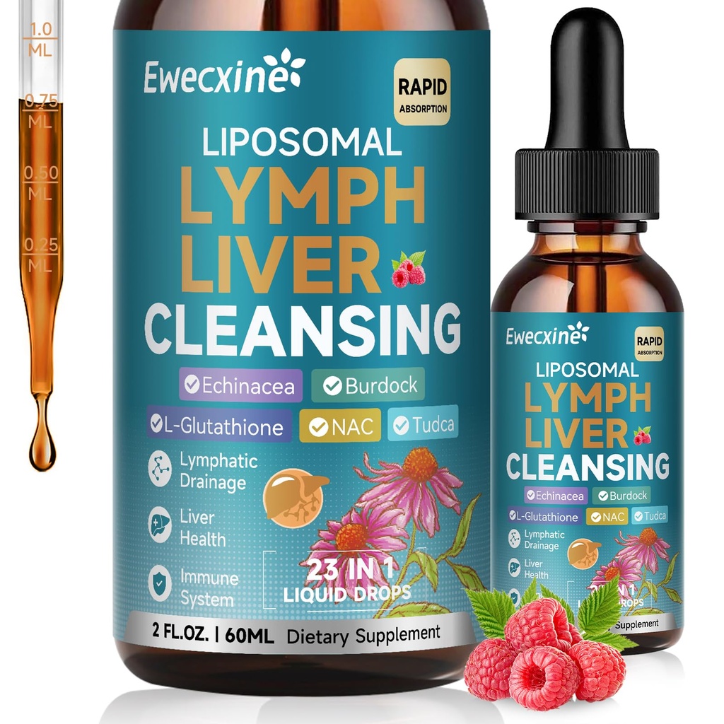 Liposomal Lymphatic Drainage & Liver Cleanse Drops, 23-in-1 配有 Echinacea, NAC, TUDCA, L-Glutathione, Burdock for Lymph, Liver Detox & 维修, Immune 支持, Raspberry Flavor, 2 fl oz 补编