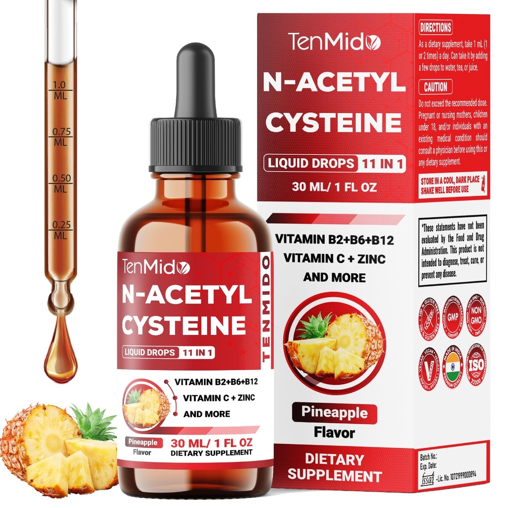 11in1 Nac 补充 N- Acetyl Cysteine 液滴 与 Quercetin, B-Complex, 硒, Glutathione, Bromelain, 牛奶硝酸盐, 和更多 - 30ml 1 Fl Oz