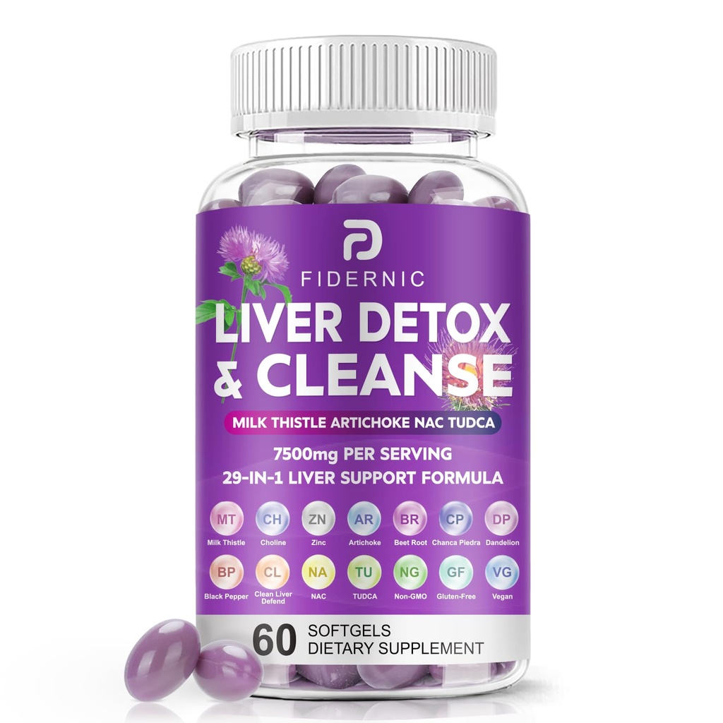 Liver Cleanse Detox & Reference - Herbal Liver 支持牛奶硝酸盐补充剂,7500mg 强力肝脏健康支持 与Silymarin Artichoke 节选 Dandelion Beet TUDCA Choline NAC, 60 Softgels