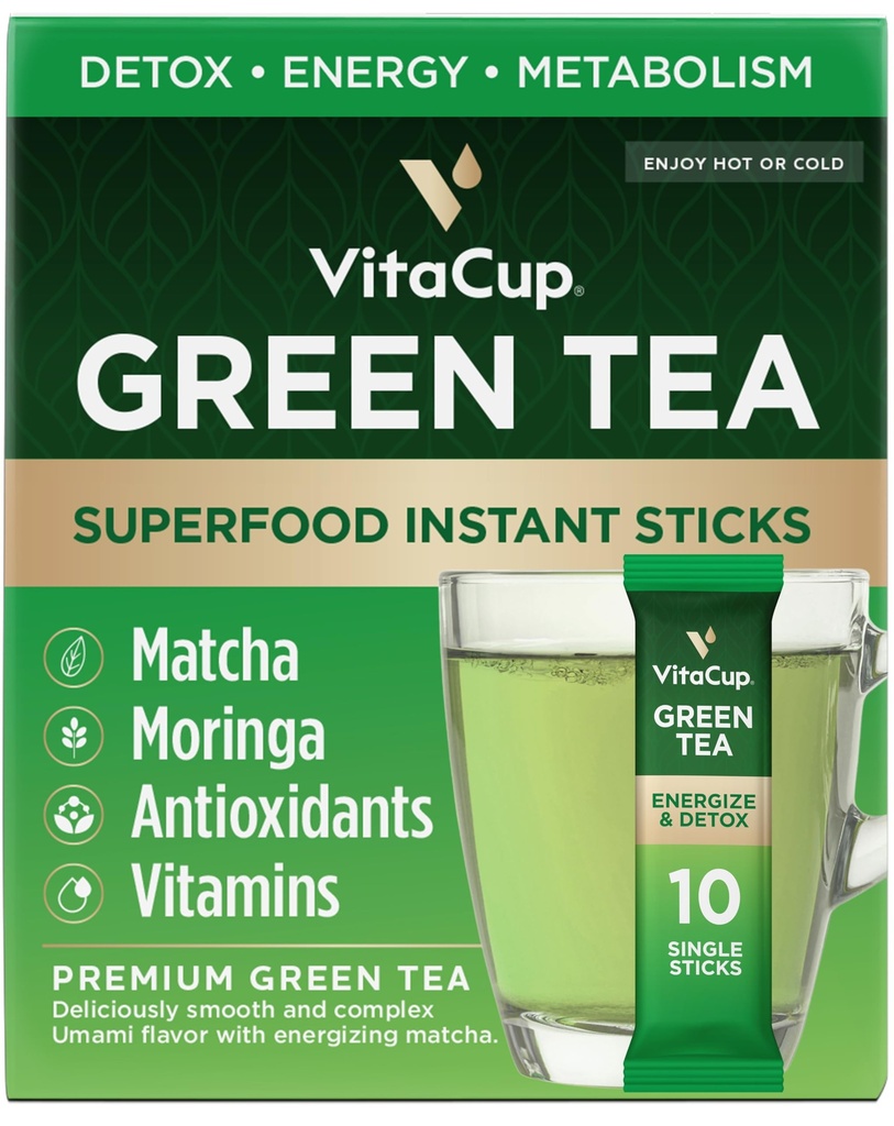 VitaCup Green Tea 即时包装,用Matcha,Moringa,B维生素,D3,Fiber,Keto,Paleo,Vegan在茶粉单型服务棒,10Ct