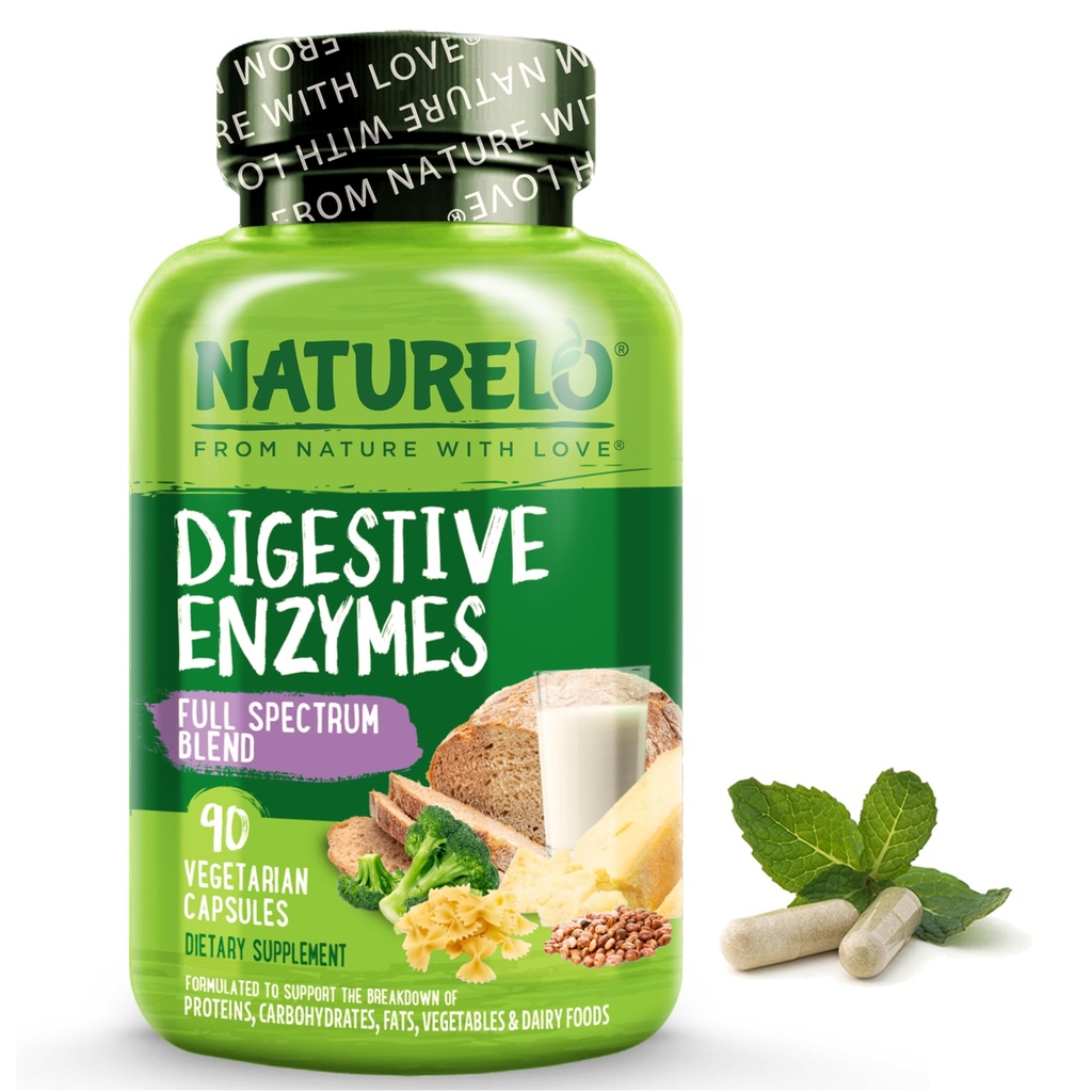 NATURELO 消化酶 - 全谱支持 15 个酶加姜 - 90 Vegan Capsules