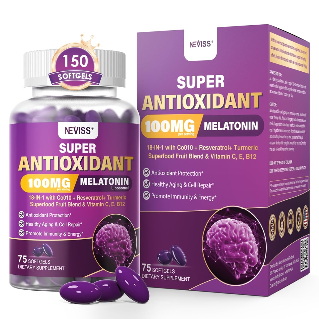 抗氧化剂和认知保健的Melatonin 100mg,超高剂量Melatonin与CoQ10、Turmeric、Trans-Resveratrol、维生素B12 C E用于脑抗衰老、细胞修复和能源,150软胶