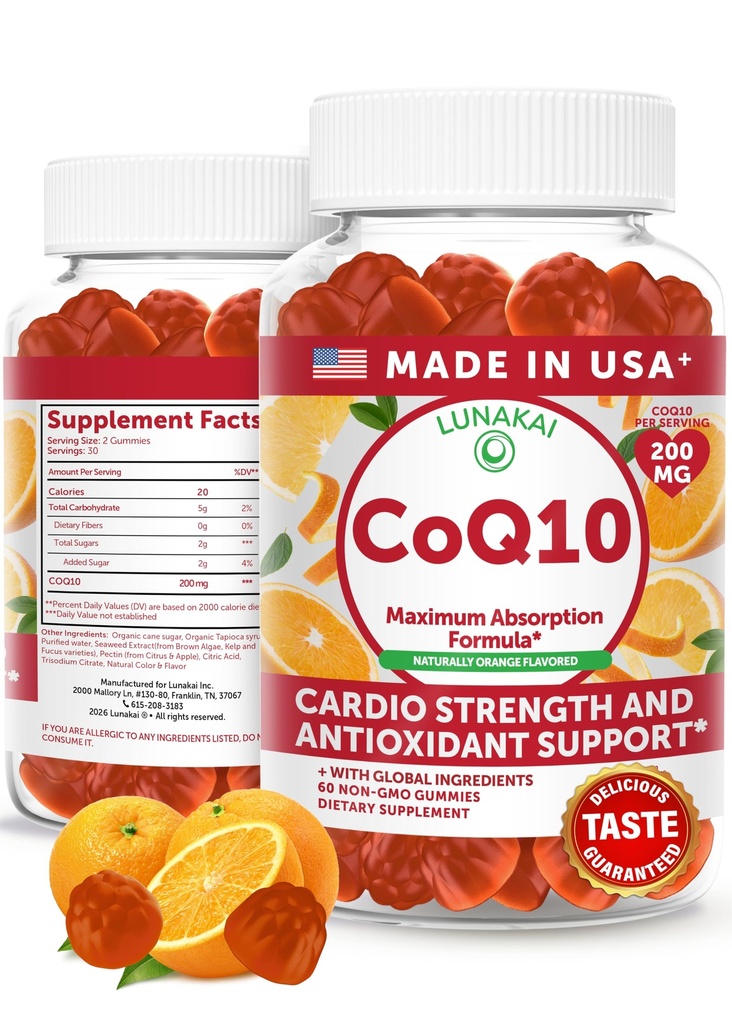 Lunakai USA为成年人制作COQ10 Gummys – 200mg 高概率Coenzyme Q10 每日心脏、能量和抗氧化剂支持女性和男性的补编,Non-GMO,60ct