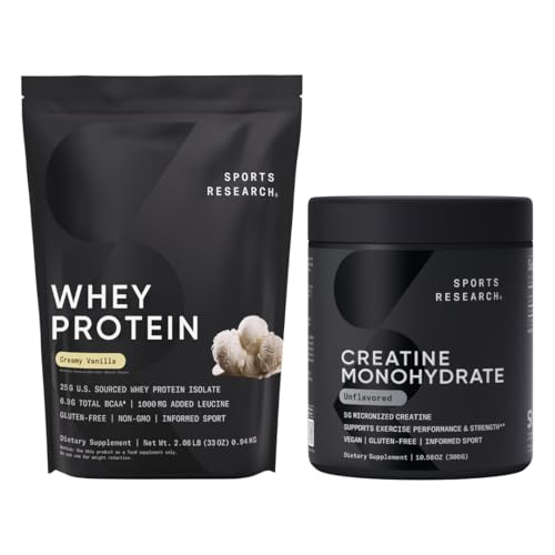 Sports Research® Creatine Monohydrate (60 Servings) & Vanilla Whey Protein (26 Servings), The Dynamic Duo for Lean Muscle Building, Improved Performance, Strength & Workout Recovery - Sports Nutrition
