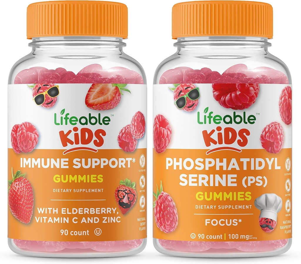 活性免疫支持儿童 + Phosphatidylserine(PS) 儿童, Gummys Bundle - 大品尝,维生素补充,Gluten Free, GMO Free, Chewwable Gummy (PS)