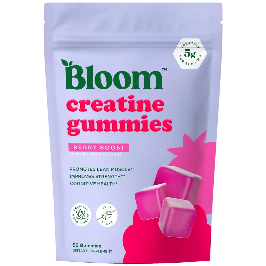 Bloom Creatine Monohydrate Gummys, 5g per service, 免糖Creatine Gummy for Workout, 强力, 认知健康与精液支持, Gluten Free & Non GMO, Berry Boost, 36 Gummys, 12 SVG