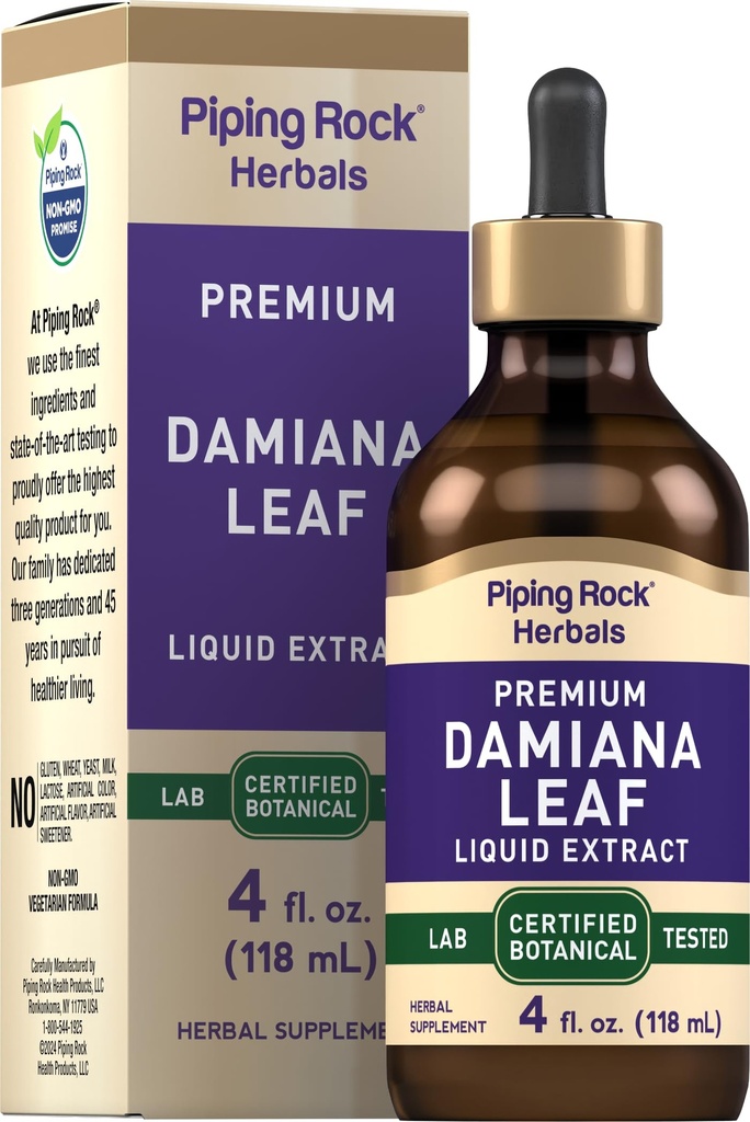Piping Rock Damiana Leaf Herb Tincture → 4 fl oz → 液体提取器 → 蔬菜和酒精自由 → 非转基因生物,Gluten 免费补充品
