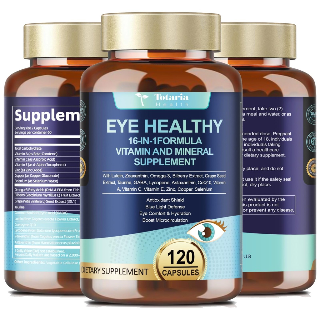 AREDS 2 眼维生素和矿物 Bilberry 提取 Omega-3, 老年人的眼维生素、眼维生素Lutein和Zeaxanthin支持眼草和水分(120个卡普勒斯)