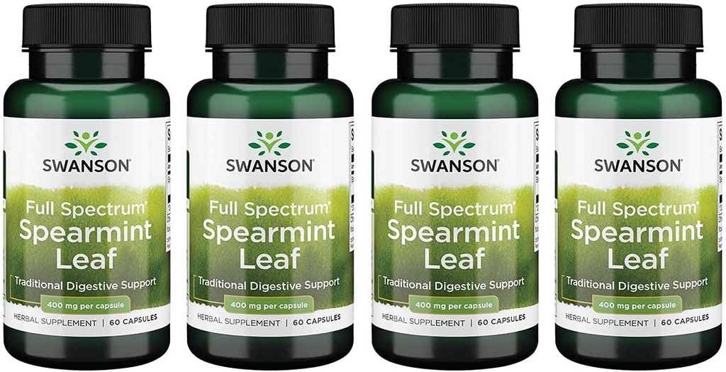 Swanson Spearmint Leaf (Mentha Spicata) - Full Spectrum 草药补充剂 支持消化健康 ' &' Mild 胃症问题 - (60 Capsules,每包400mg) 4 Pack