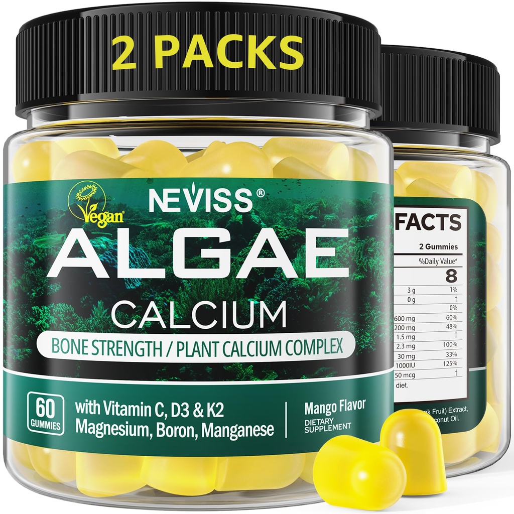 (2 Pack) Calcium Gummys for Women, Sugar Free Calcium Supposed from Sustainable Algae (第3党测试) 维生素D3 K2, C, Zinc, Boron, Manganese for Bone Strigions, Calcium Absopulation, Vegan 的无糖钙补充剂 维加恩