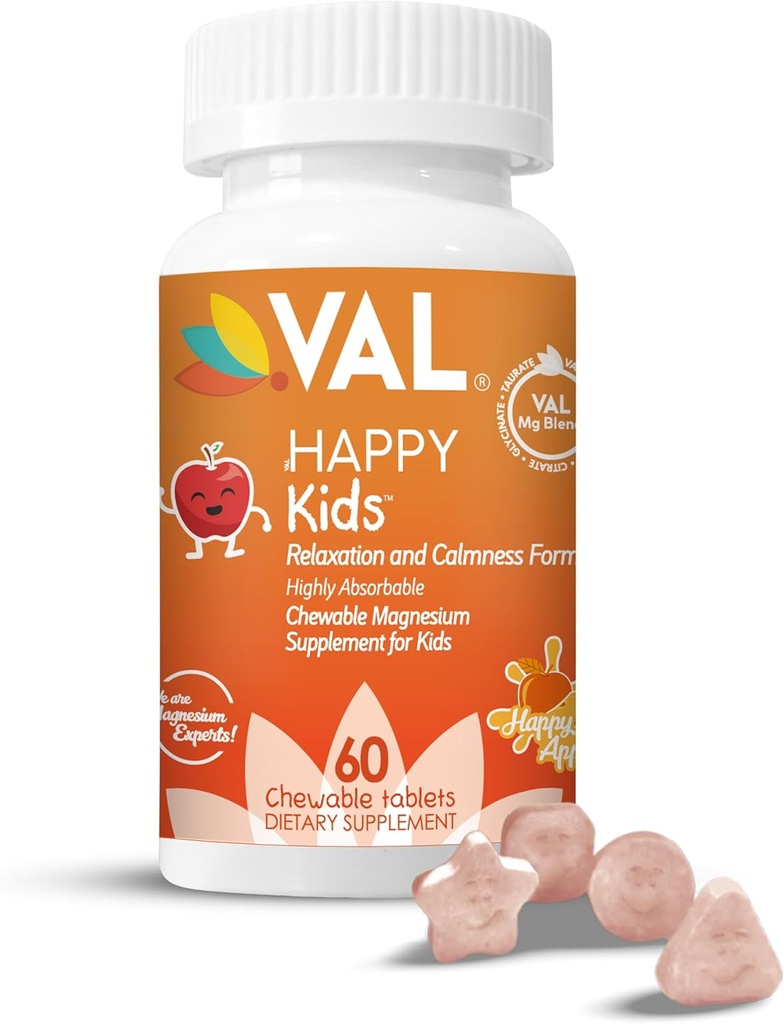 VAL Magnesium for Kids QQ 高吸附镁用于镇静,放松和聚焦 Mg Glycnit, Citrate & Taurate QQ 与维生素B6, D&C QQ 无糖,非GMO QQ 60可切片