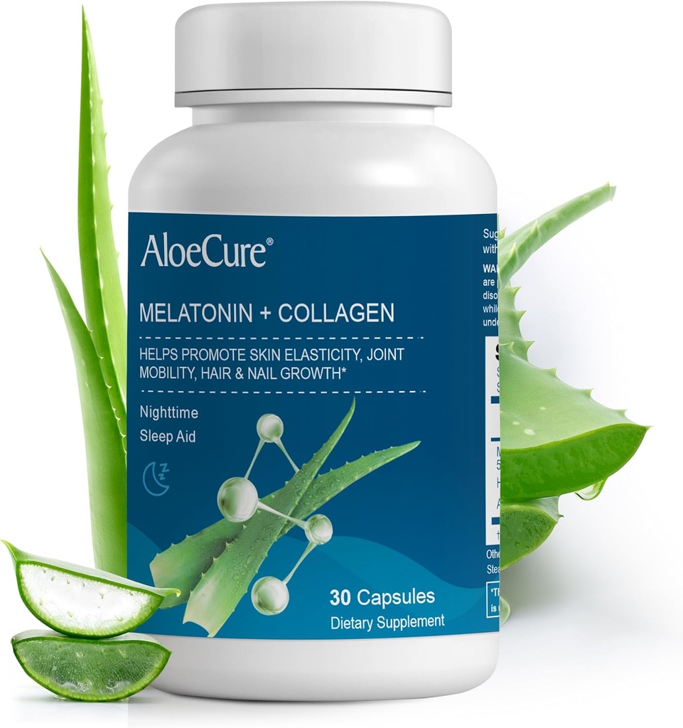 AloeCure Natural Melatonin + Collagen with Organic Aloe Vera - Natural Sleep Aid Supplement for Restful Nights - Collagen Complex for Joint Strength, Skin Elasticity, Hair & Nail Growth, 30 Capsules