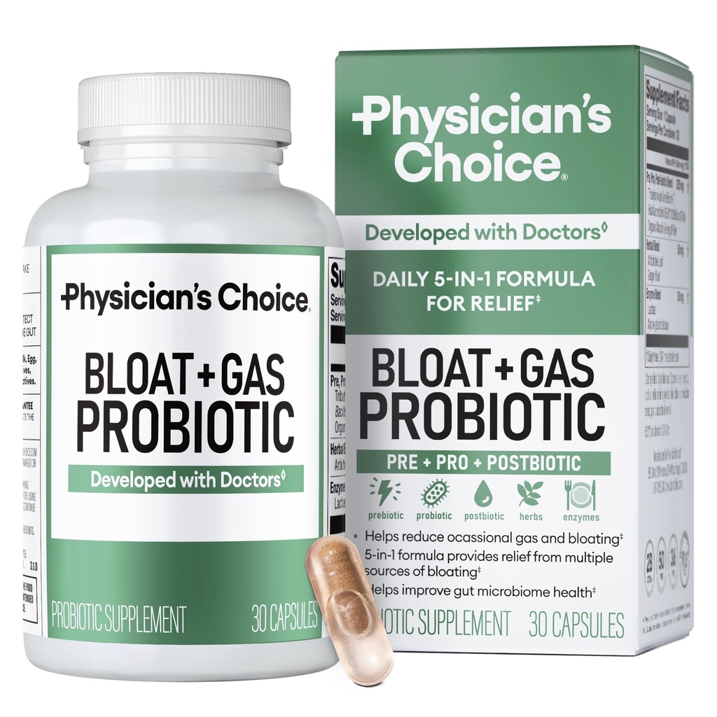 物理学家的CHOICE Bloat & Gas Probiotic 5-in-1 主动支持+ Daily Relief - Digestion & Gut Health - 草药,消化酶,Post & Prebiotics - 成人的气体 Relief - 女性和男性 - 30cmt