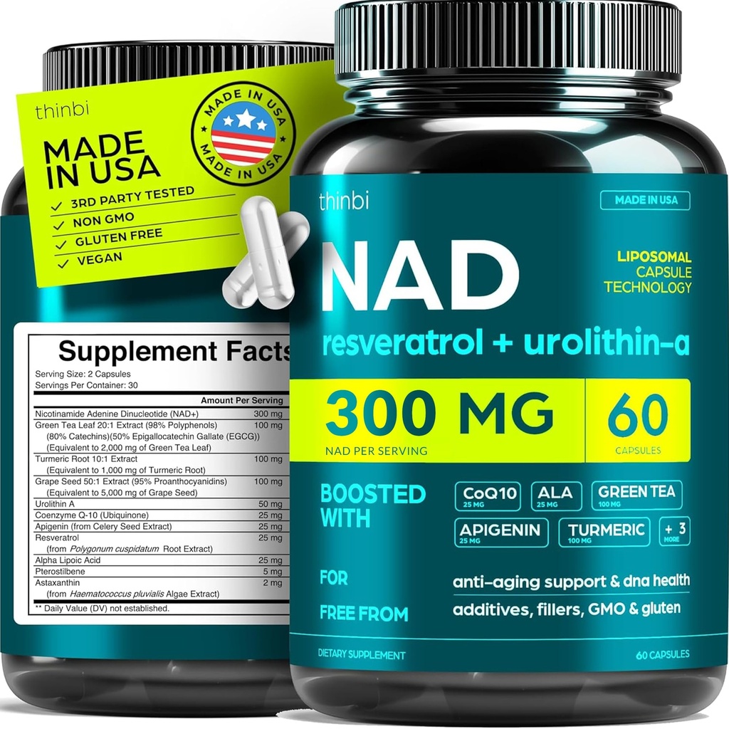 NAD 补充300Mg 额外强力 NMN 替代品 Liposomal + 女性和男性的绿茶 w/ Urolithin A, Resveratrol, CoQ10, Alpha Lipoic酸