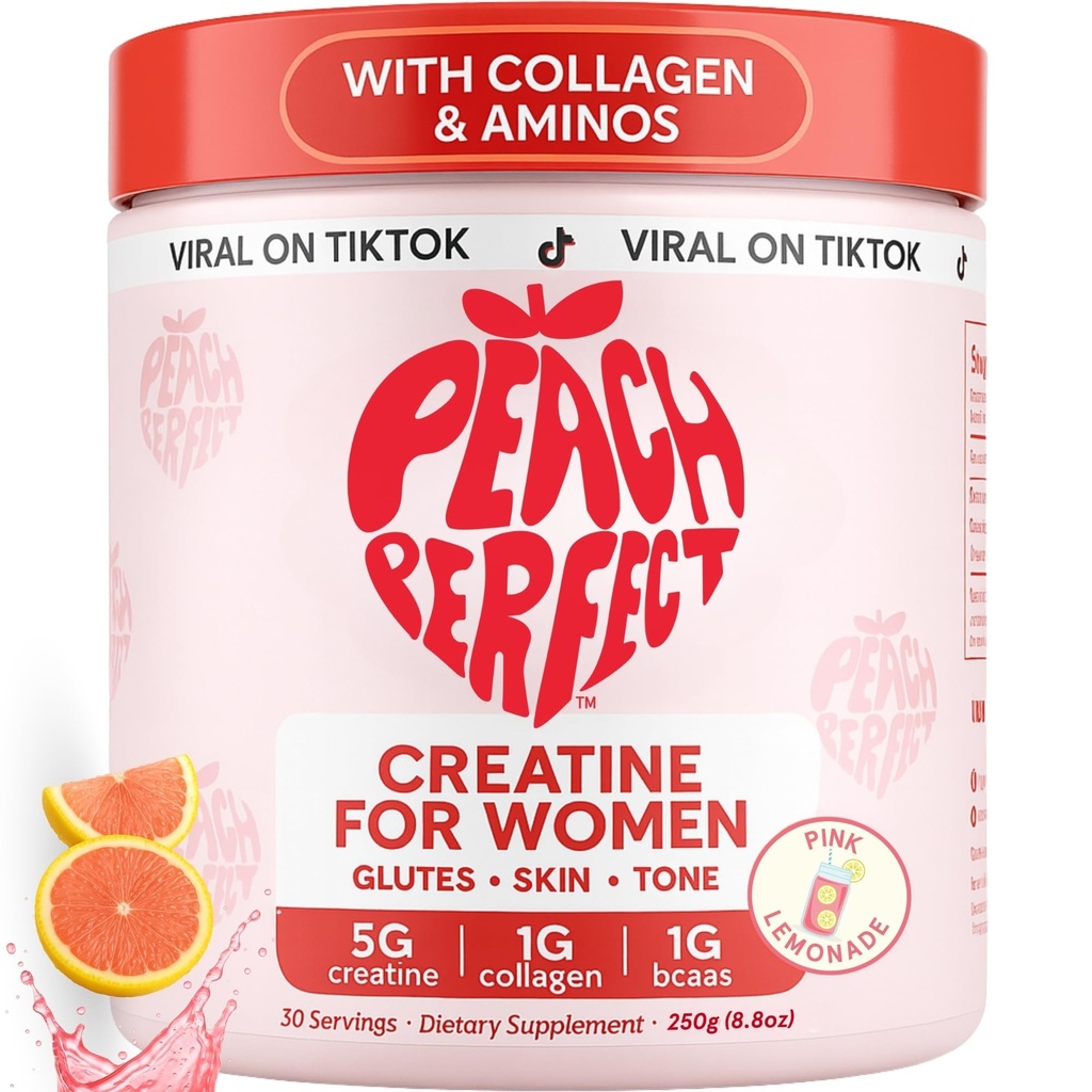 女性的桃仁完美奶油 – 配有 BCAA 和 Collagen 的微量奶油单水合物粉,用于Glute 力量支持,靴子能量,焦点,力量,以及耐力 – Pink Lemonade, 30 services