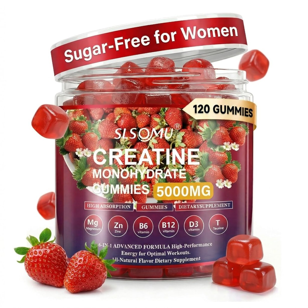 Creatine Gummys for Women, 5000mg 工作前肌肉力量和能量支持,0 糖Creatine Gummy with L-Taurine, Zinc, B12 B6, 草莓Flavor, Vegan - 120 Gummys