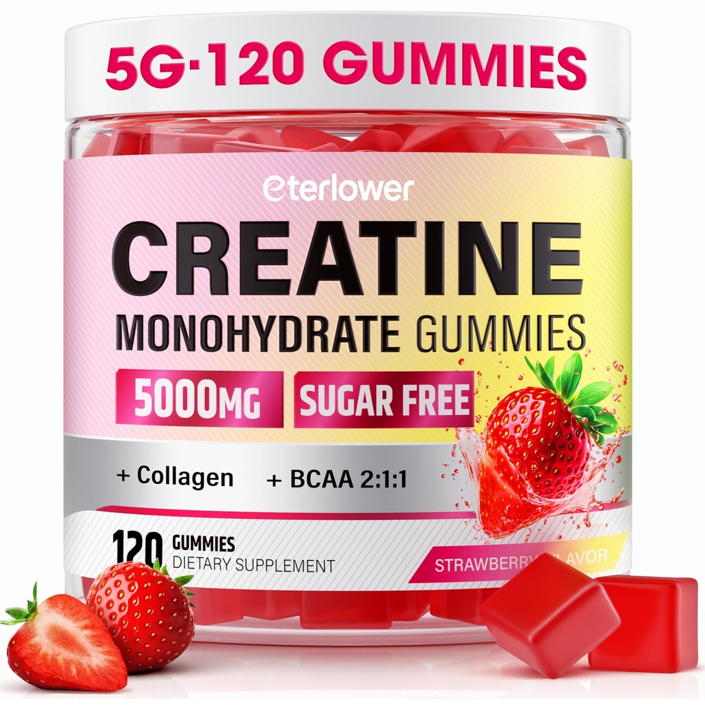 Creatine Monohydrate Gummys, 5g Creatine Gummys for Women & Men. Pre-Workout & Muscle Growth Support, 包含BCAA, Collagen, 无糖, 120个计数