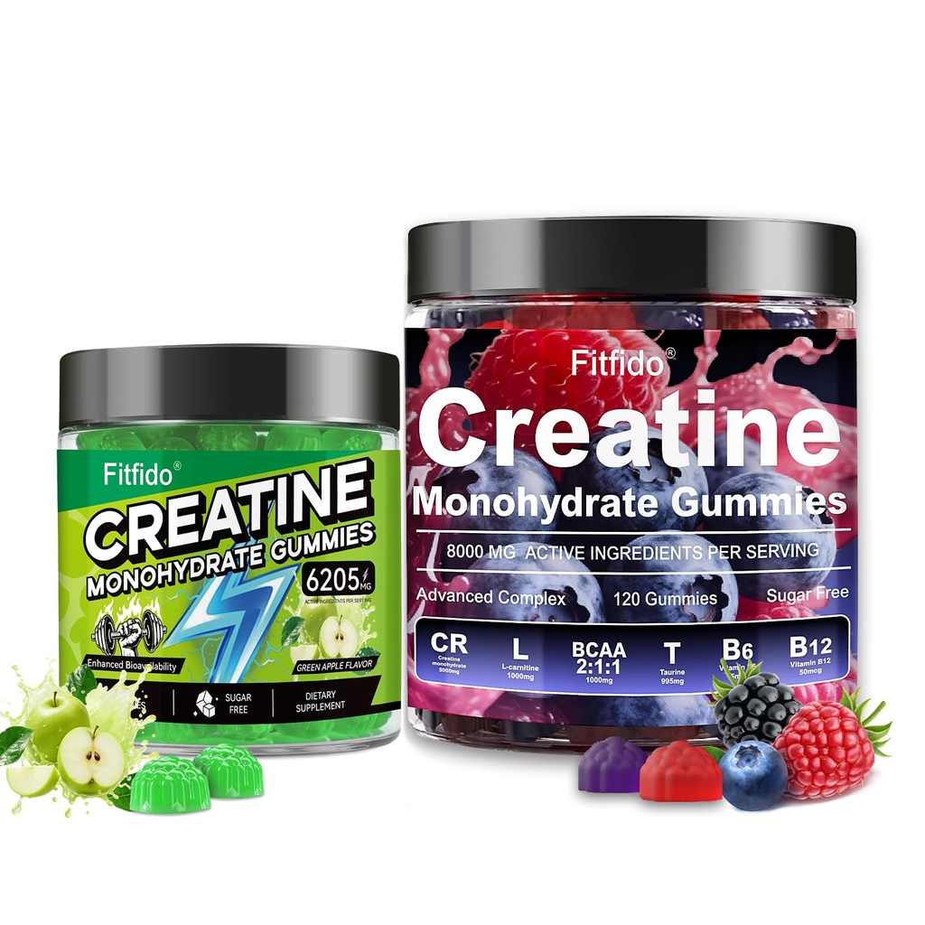 Creatine Monohydrate Gummies in Multiple Flavors – Support for Muscles, Strength & Wellbeing – Vegan, Sugar Free, 2-Pack Supplement Bundle