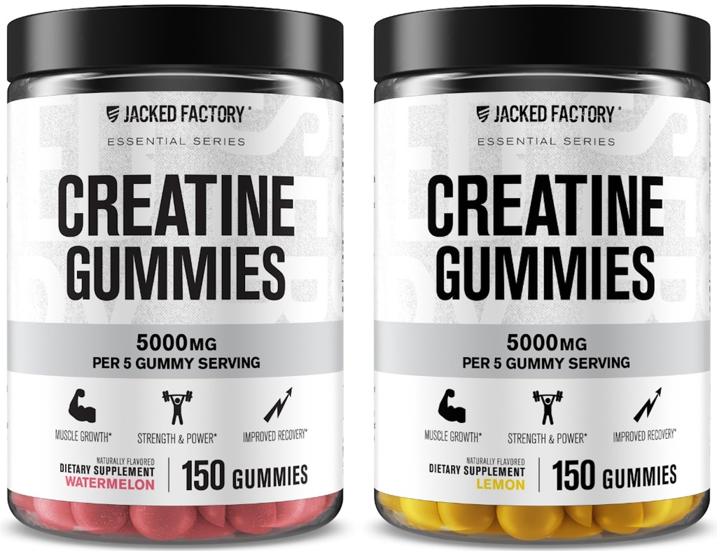 Jacked Factory Creatine Monohydrate Gummys 5g Dise(每Gummy1克) - Creatine Gummy for Men and Women, Vegan-Friendly, Travel-Friendly, 第三方测试 - 150 Gummys, 西瓜和柠檬