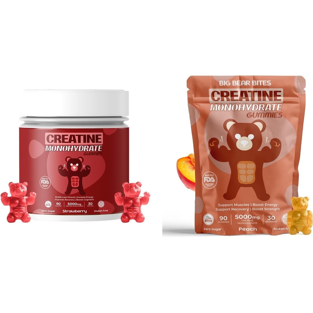 Creatine Monohydrate Gummys Bundle – 草莓和桃仁 – 5000mg 人均服务 – 无糖,无糖和无糖 – Halal – 180 Gummys 总计(2×90 count) – 男子和女子 – 男子和女子