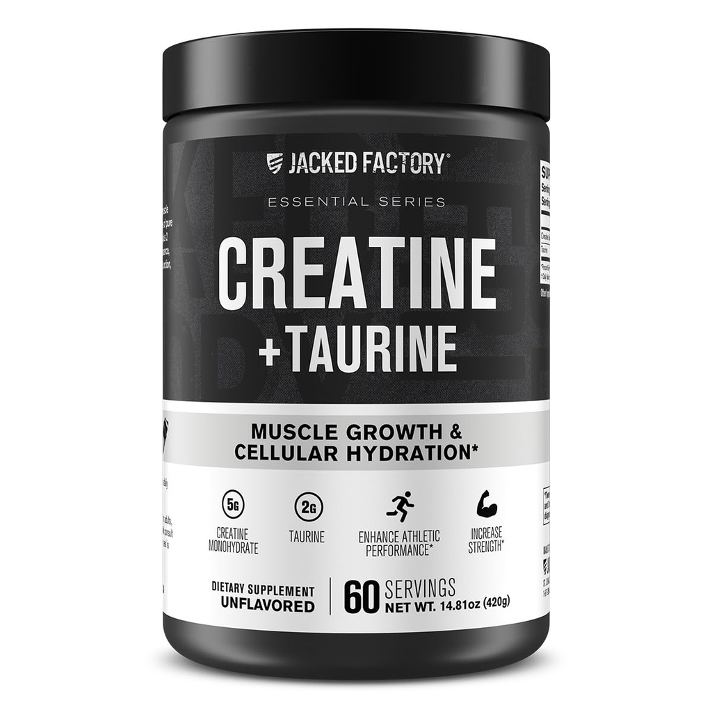 Jaked Factory Creatine + Taurine - Creatine Monohydrate 5000mg 配Taurine 2000mg 增强肌肉强度和细胞水分 - 60个服务型,未受欢迎