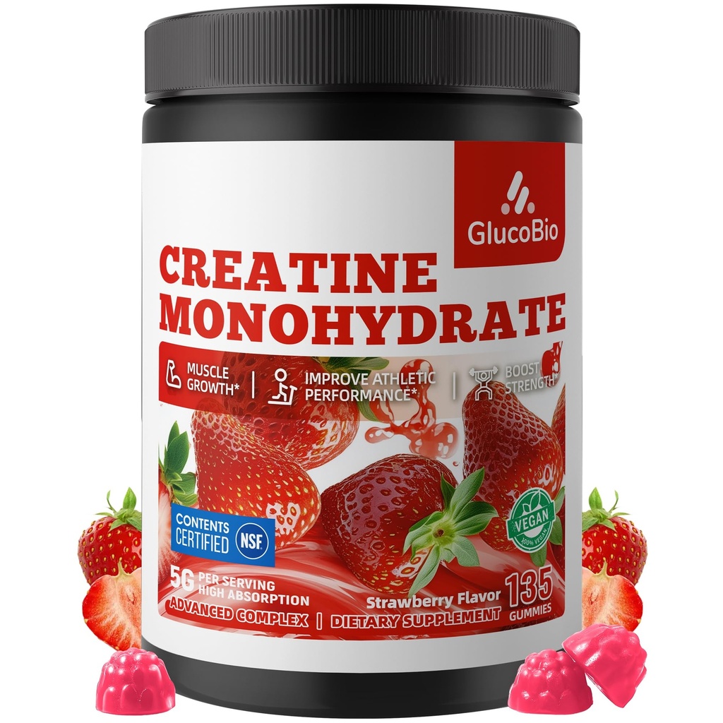 Creatine Monohydrate Gummies (5g) – Pre-Workout Energy & Muscle Growth Support for Men & Women | Strawberry Electrolyte Gummies (135 Count)