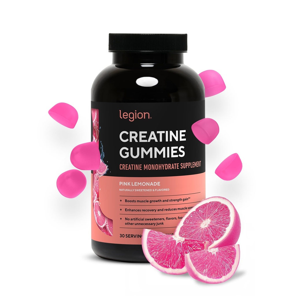 LEGION Creatine Monohydrate Gummys for Men and Women - 肌肉增益的清洁油脂,改善耐力和工作后恢复 - 最大吸收油脂补充剂(Pink Lemonade)