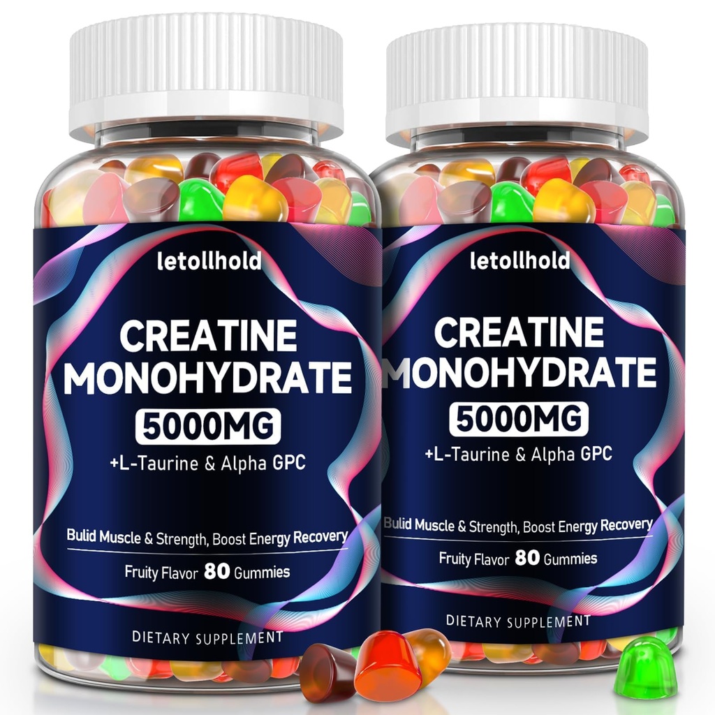Creatine Monohydrate Gummys 5g for Women & Men - Creatine Gummys for Women Pre Workout Chewables with L-Taurine & Alpha GPC,无糖肌肉构建器,能量靴,Vegan Non-GMO(160计)