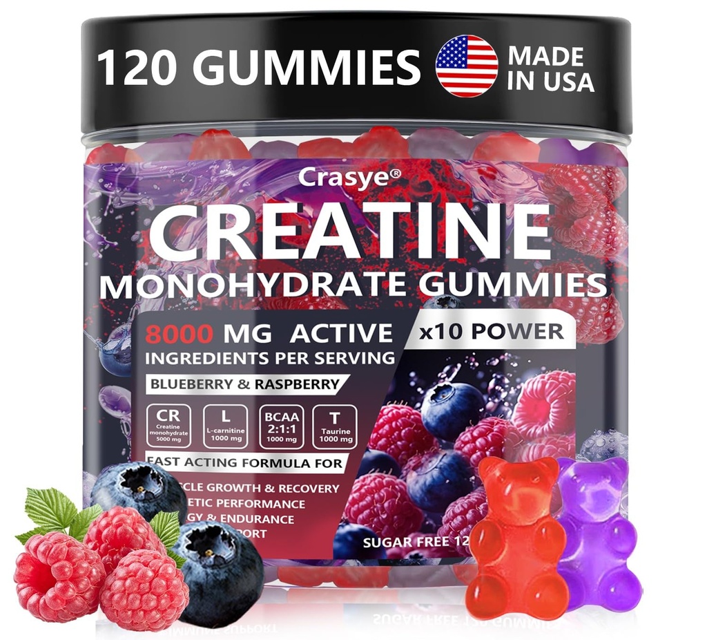 Creatine Monohydrate Gummys Complex 8000 MG for Men Women, Creatine Gummy 配有 Taurine BCAA 支持能量和肌肉力量,无糖预选补充
