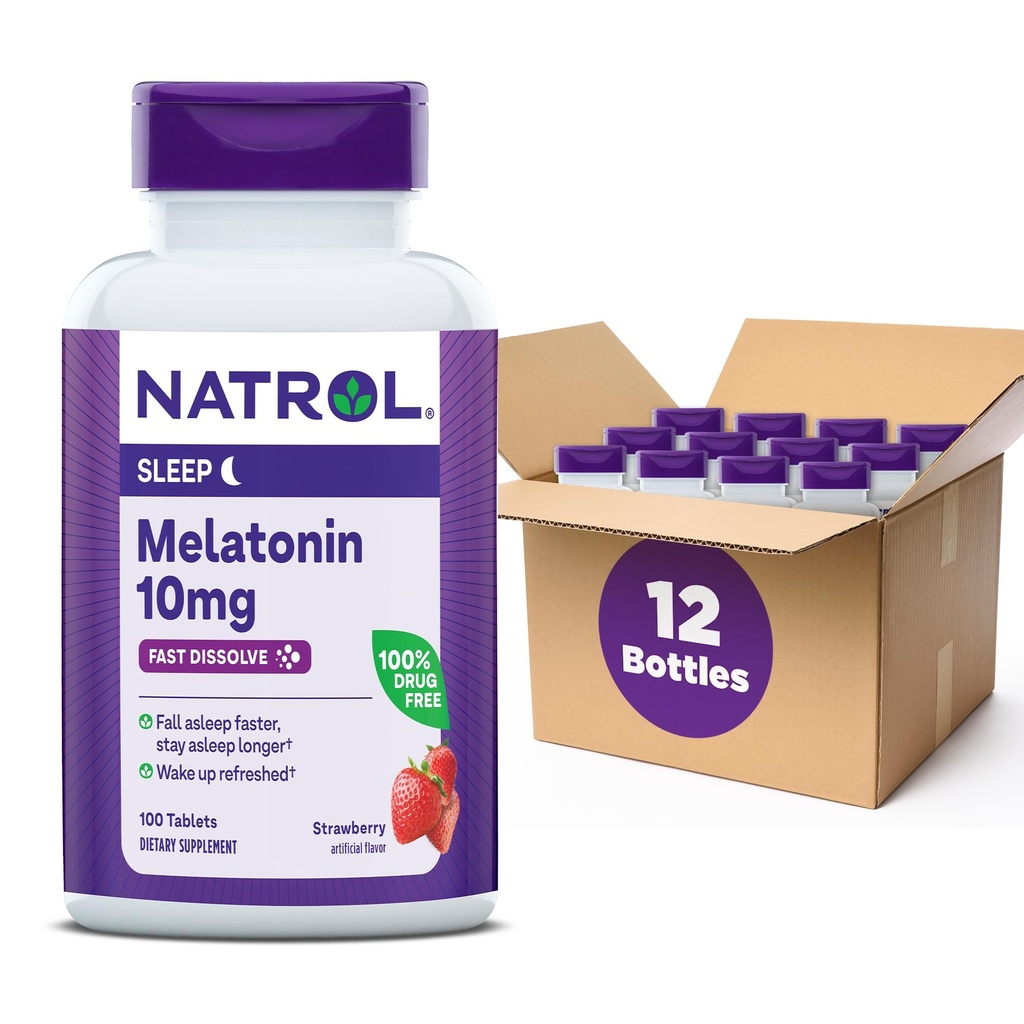 Natrol FastSolve Melatonin 10毫克,Melatonin 休息补充剂,成人睡眠支持,100 草莓味的Melatonin药片,最多100天供应
